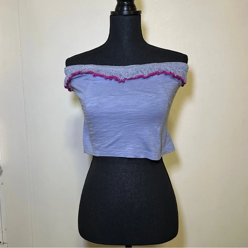 Free People Purple Float On Ruffle Off The Shoulder Crop Tube Top Lace Trim Boho